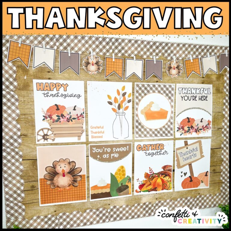 Shows all 8 thanksgiving classroom posters on a bulletin board with bulletin board borders and "Thanksgiving" at the top of the image