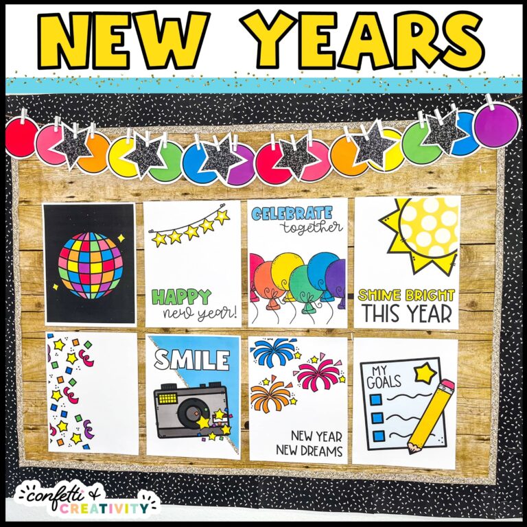 Shows all 8 printable posters on a bulletin board decorated for New Year's
