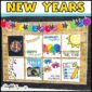 Shows all 8 printable posters on a bulletin board decorated for New Year's