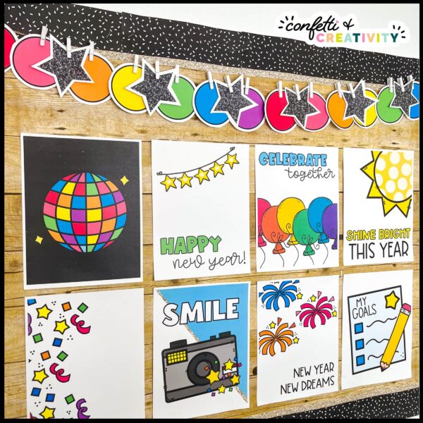 New Year's Classroom Posters - Close up of Posters on Board Shows the top row of new year's posters and a colorful rainbow banner