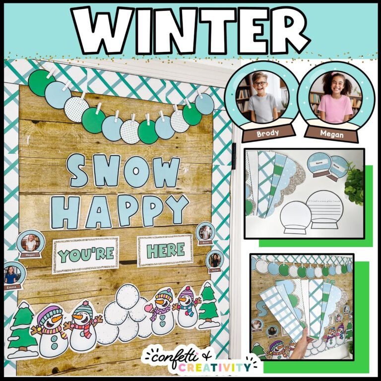 Shows the winter classroom door set up that includes a banner and close up versions of the writing activity and printable borders