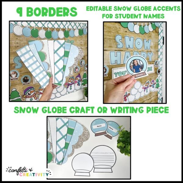 Winter Classroom Door Decor - Multiple Close Up Pictures Shows close up pictures of the printable bulletin board borders, the writing activity, and the clipart that can be put on the door decor