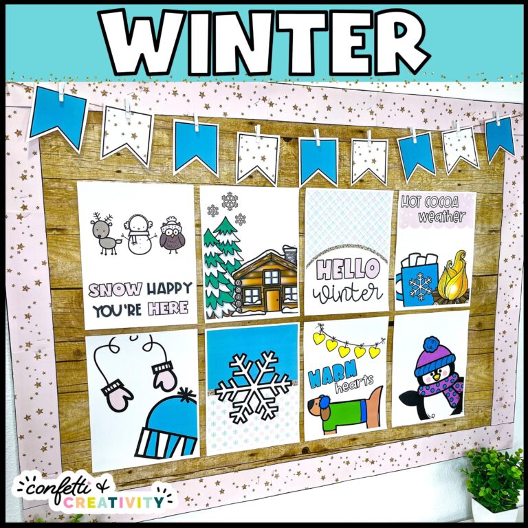 Shows a full picture of the Winter Classroom Posters set up on a bulletin board with the text "Winter" at the top of the image