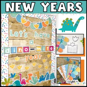 Shows the dinosaur themed New Year's door decor "Let's have a dino-mite year"