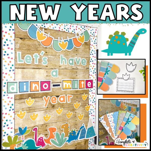 Shows the dinosaur themed New Year's door decor "Let's have a dino-mite year"