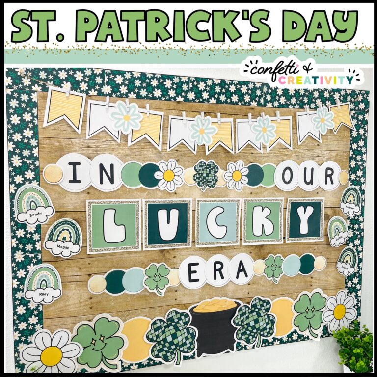 Shows the entire St. Patrick's Day Bulletin Board - "In our Lucky Era". Inspired by Taylor swift and friendship bracelets