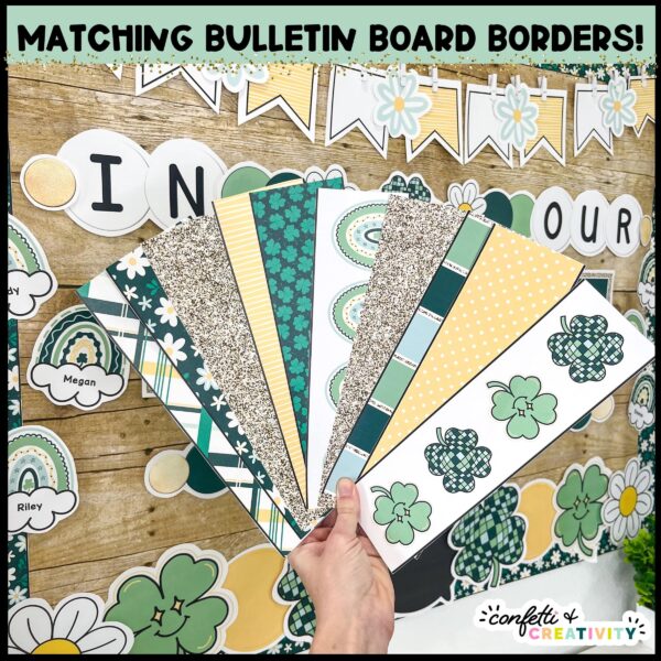 St. Patrick's Day Bulletin Board - "In Our Lucky Era" Shows a close up of the St. Patrick's Day printable bulletin board borders