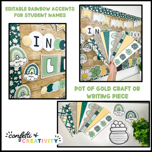St. Patrick's Day Bulletin Board - "In Our Lucky Era" Shows close ups of the clipart and text of the St Patrick;s Day Bulletin Board