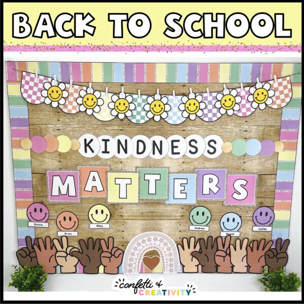 Back to School Bulletin Board - "Kindness Matters" Shows the back to school bulletin board in the Holiday Bulletin Board Bundle