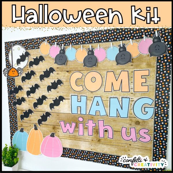 Halloween Bulletin Board - "Come Hang with Us" Shows the Halloween bulletin board in the Holiday Bulletin Board Bundle