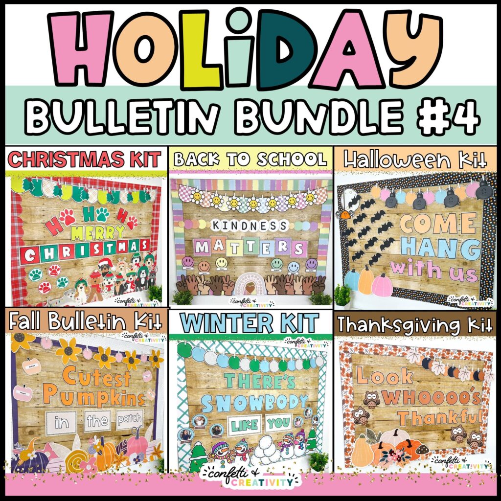 Shows example pictures of bulletin boards in the Hoidiay Bulletin Board Bundle