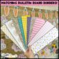 Shows many spring bulletin board borders fanned out in front of the spring bulletin board set up