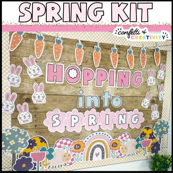 Spring Bulletin Board - "Hopping into Spring" Shows the Spring bulletin board in the Holiday Bulletin Board Bundle