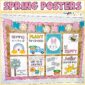 Shows "Spring Posters" text at the top of the image and a picture of the the Spring Classroom Posters on a bulletin board