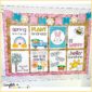 Shows the classroom posters set up with the Spring banners on the bulletin board