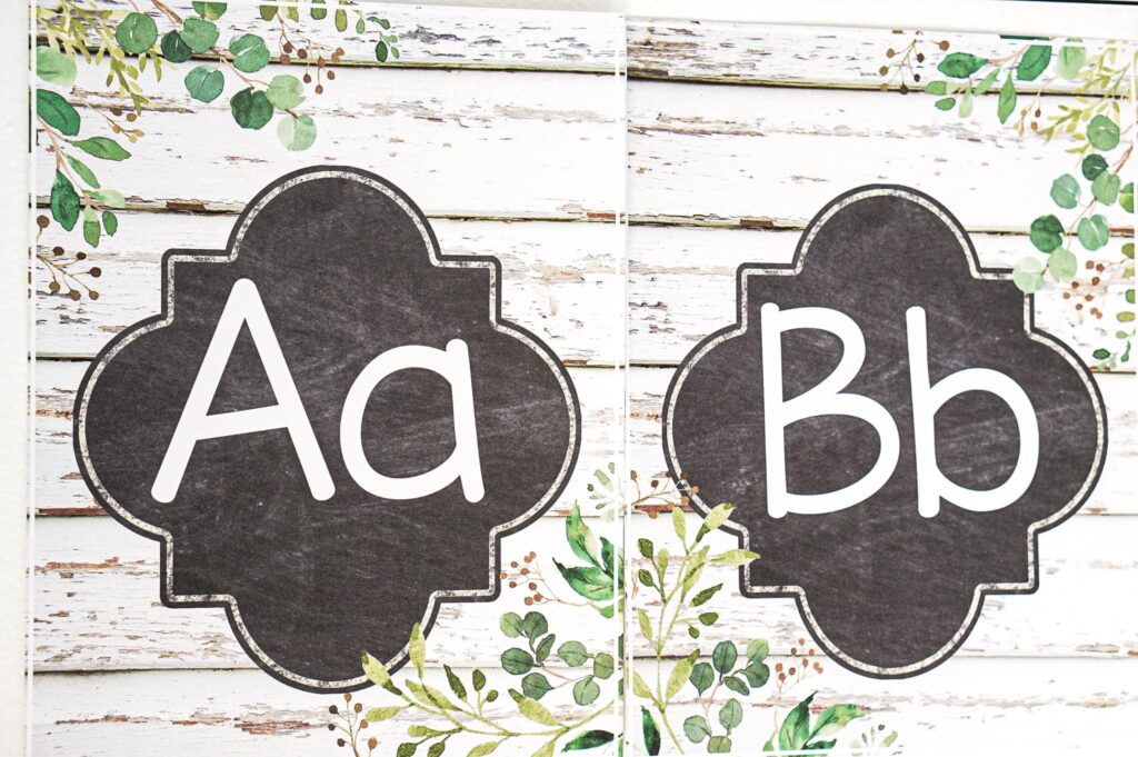 Shows the A and B of the alphabet posters from the Modern Farmhouse Classroom Theme