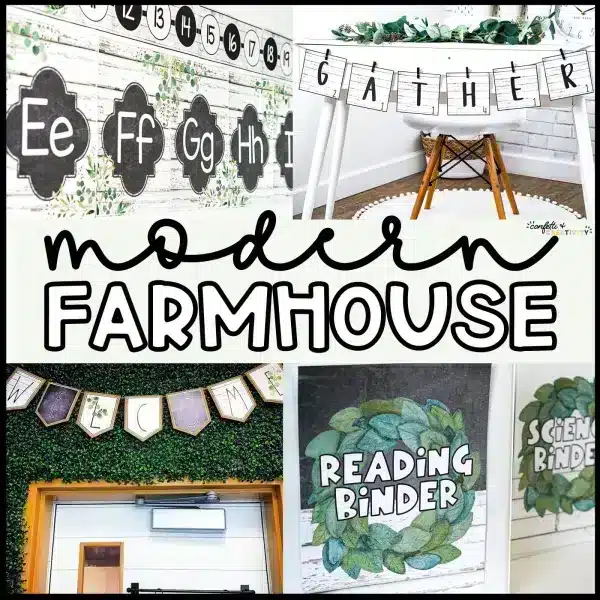 Shows the cover photo of the modern farmhouse classroom decor bundle that helps a teacher set up a calm classroom