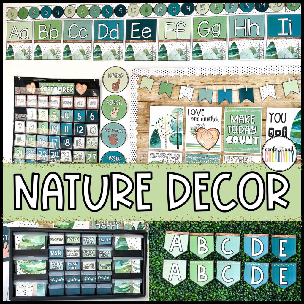 Shows the calming colors of the nature theme with muttiple pictures from the classroom decor bundle