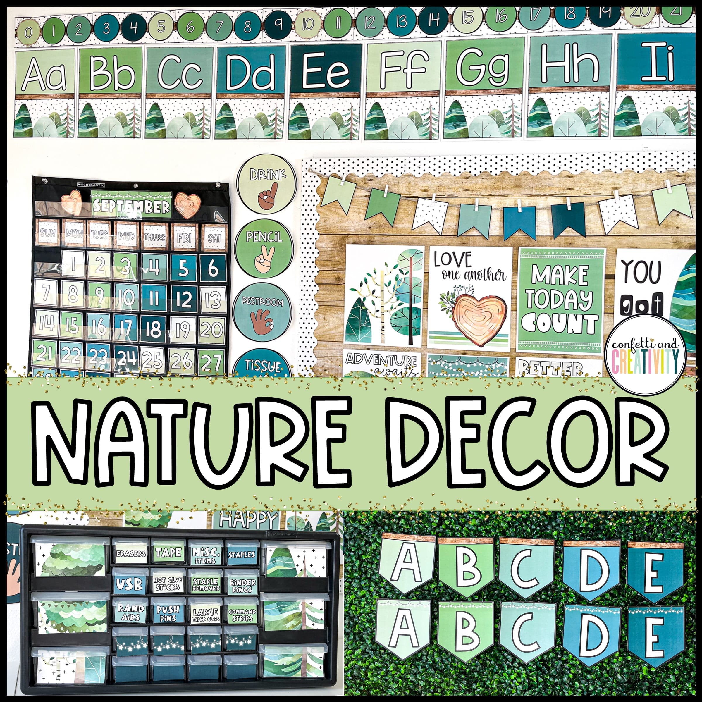 Shows the calming colors of the nature theme with muttiple pictures from the classroom decor bundle such as the alphabet banner, teacher toolbox, calendar pack, and motivational posters