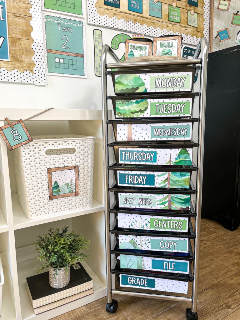 Shows the 10 drawer cart with calming colors