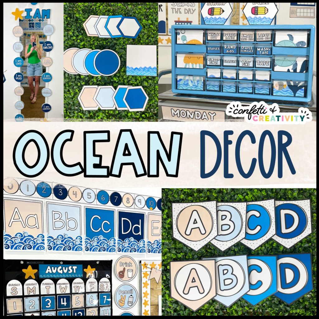 Shows the Ocean Classroom Theme that helps a teacher set up a calm classroom