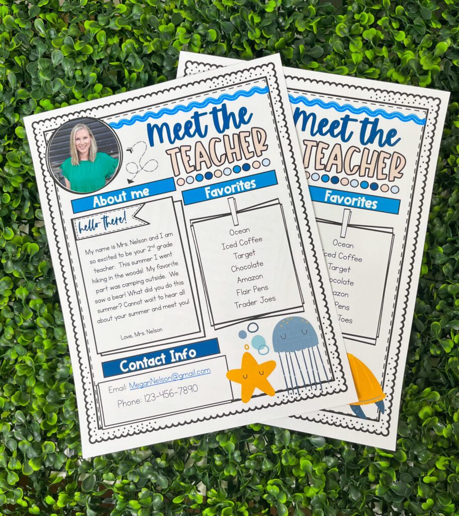 Shows example meet the teacher templates on a grass panel. The blue colors are perfect for a calm classroom