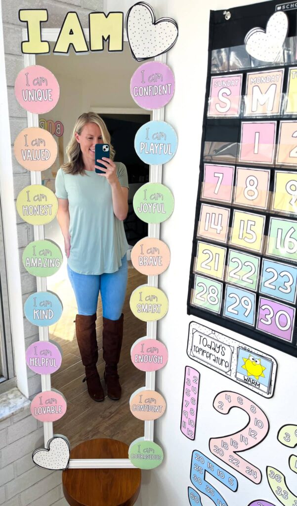 Shows Megan at an affirmation Mirror