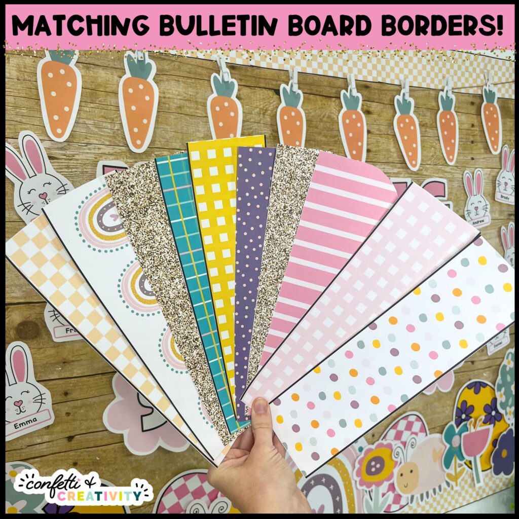 Shows printable bulletin board borders fanned out with the Spring Bulletin Board in the background