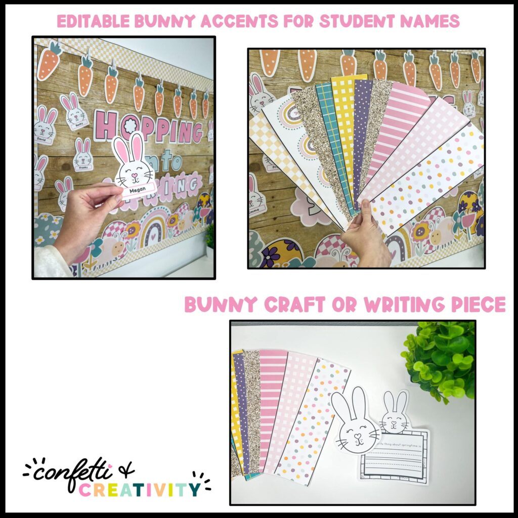Shows close up images of printable bulletin board borders and clipart on the board