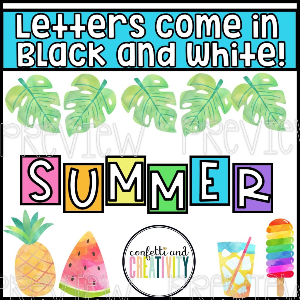 Lettering for the summer bulletin board. It comes in bright colors or black and white. Add accents to your board with the beautiful clipart.