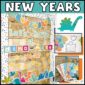 Shows the New Year Door Decor - "Let's Have a Dino-mite Year"