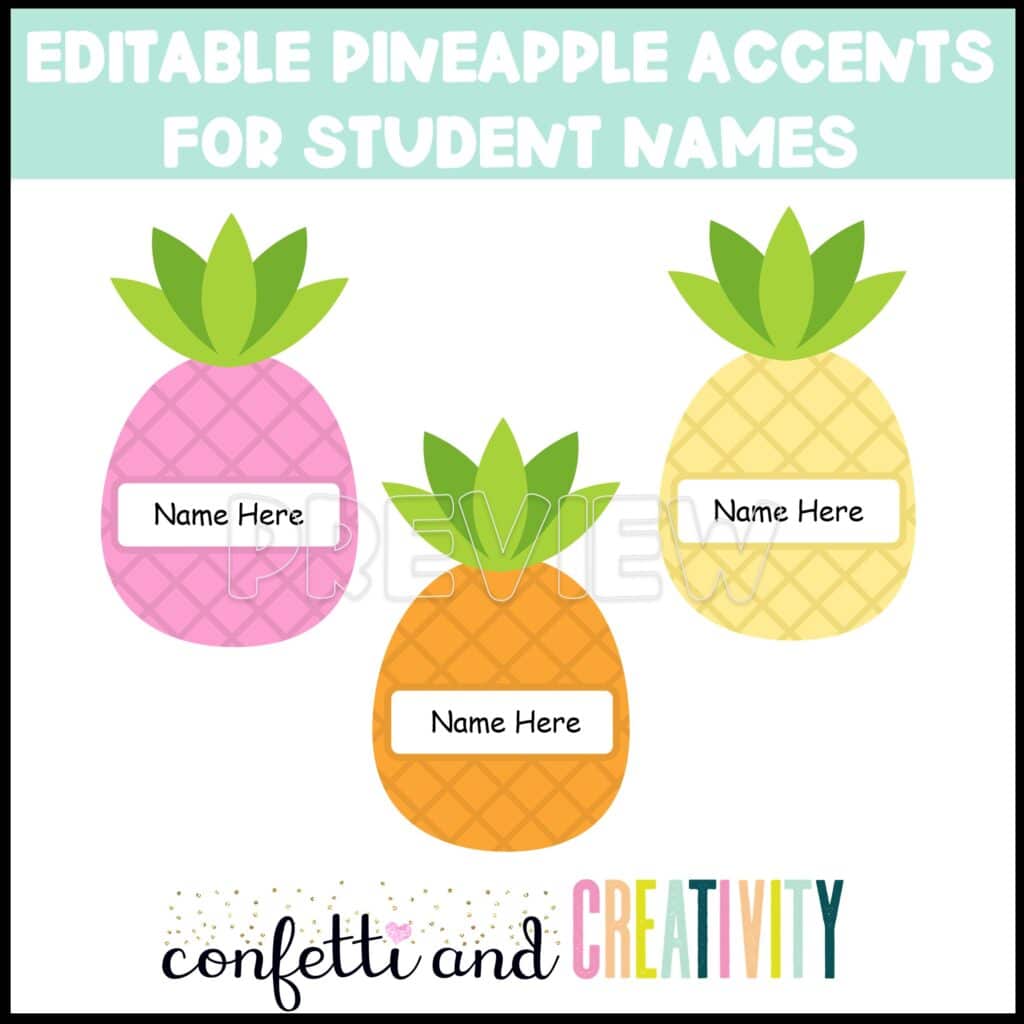 Editable pineapple accents for students names for the summer vibes bulletin.