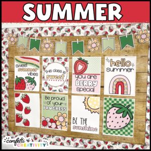Shows text "summer" at the top of the image along with 8 printable summer posters on a bulletin board