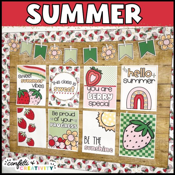 Shows text "summer" at the top of the image along with 8 printable summer posters on a bulletin board