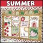 Shows text "summer" at the top of the image along with 8 printable summer posters on a bulletin board
