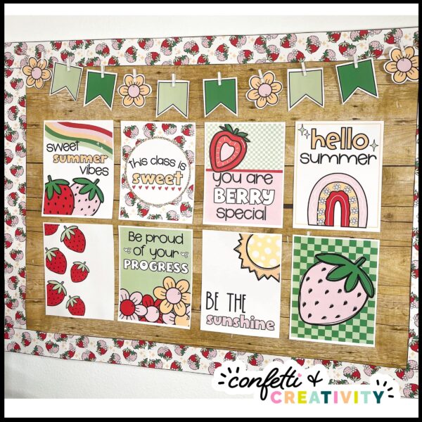 Summer Classroom Posters 4 Shows side view of the summer classroom posters on a bulletin board