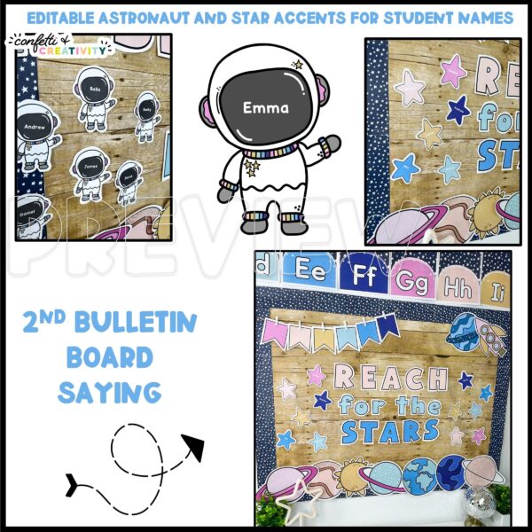 Space Classroom Bulletin Board 2 Shows the second bulletin board phrase as well as a close up of the astronaut clipart