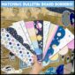 Shows fanned out printable bulletin board borders with the bulletin board in the background