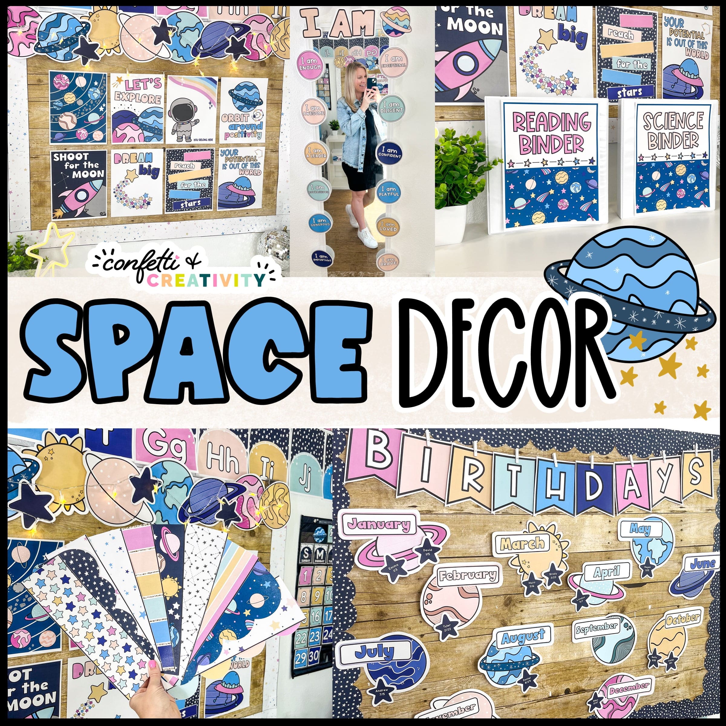 Shows a cover photo for the space classroom theme. Features pictures of the inspirational posters, bulletin board borders, the birthday board and binder covers