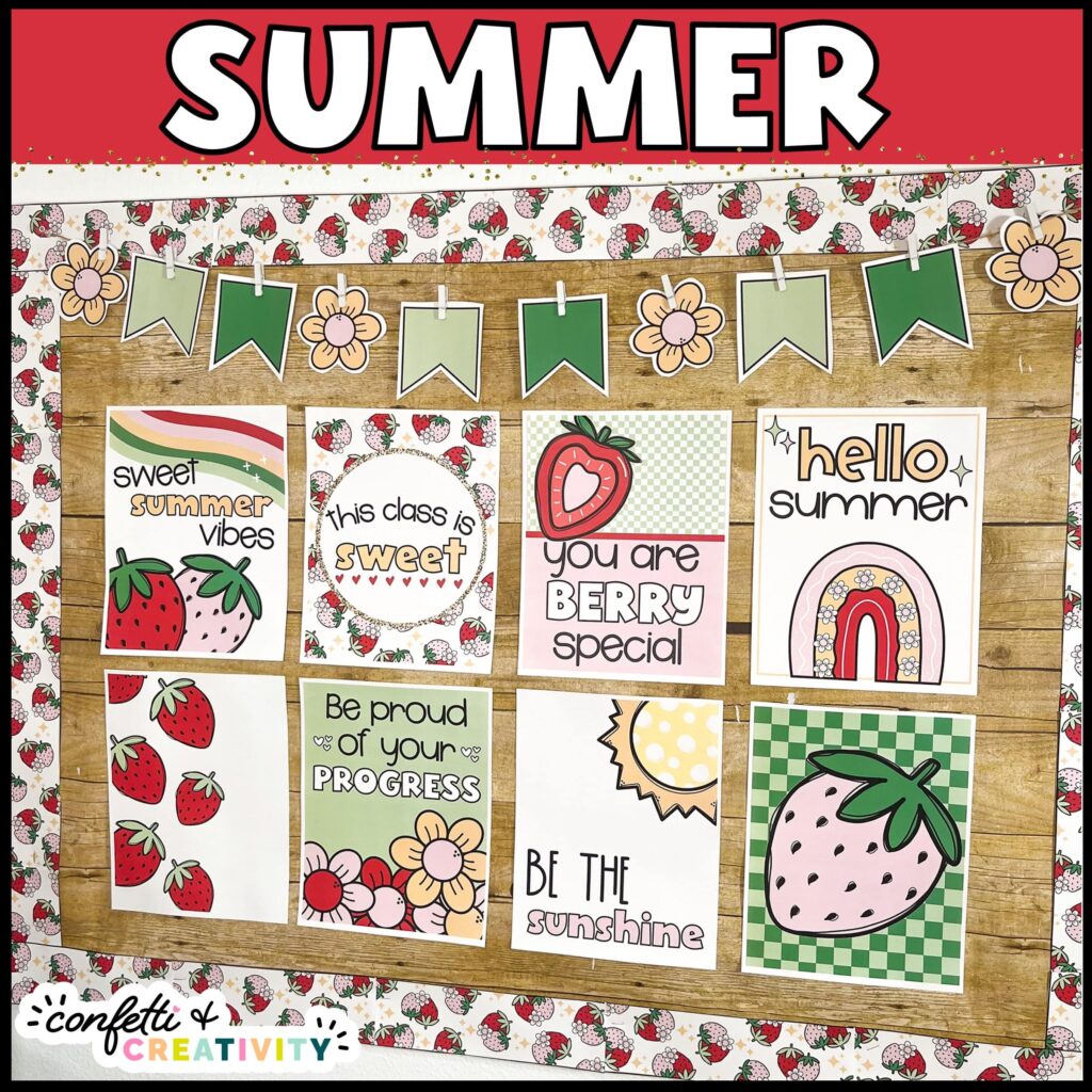 Shows the summer classroom posters on a bulletin board with printable borders