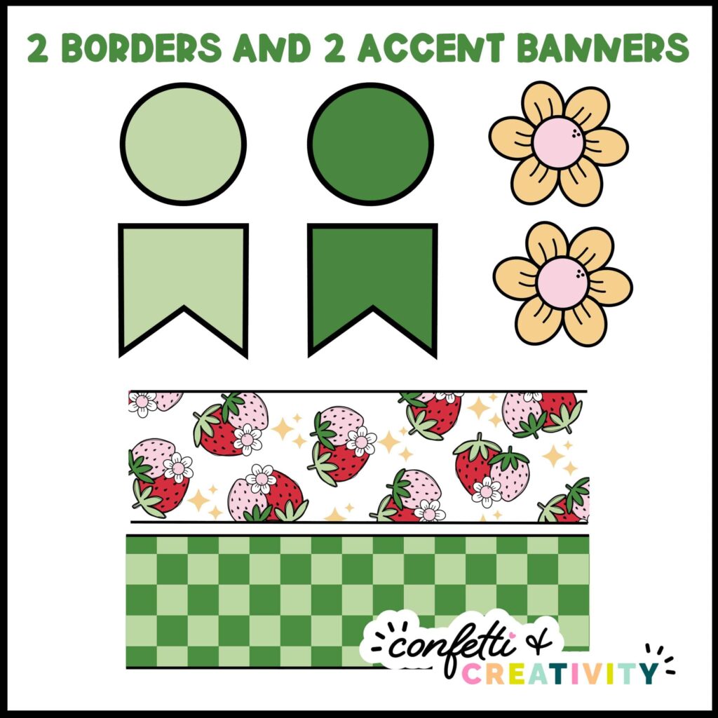 Shows printable bulletin board borders and flower clipart that comes with the posters