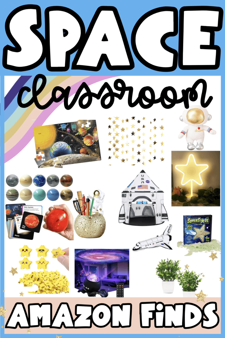 Cover photo for a list of Amazon items that perfectly match with my Space Classroom Decor Bundle