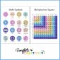 Shows 2 different math posters - math symbols and multiplication chart