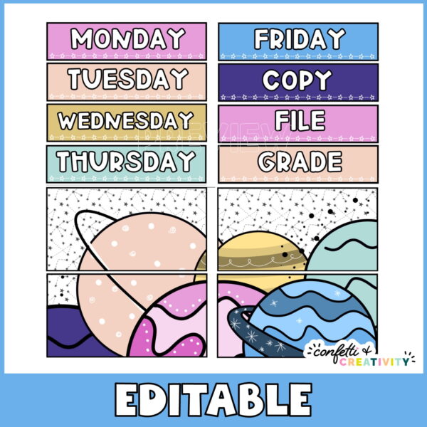 Space 12 Drawer Cart Labels 2 Shows snipped images of the 12 drawer cart labels. Includes planet clipart at the bottom of the image