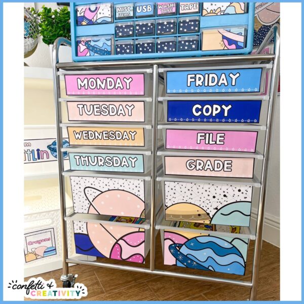 Space 12 Drawer Cart Labels 3 Shows a space themed 12 drawer cart set up using the labels. Shows a zoomed in picture of the labels and their vibrant space theme colors