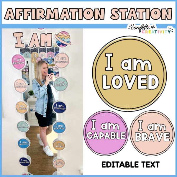Shows Megan in an affirmation mirror with a close up of the affirmation station labels like "I am Loved"