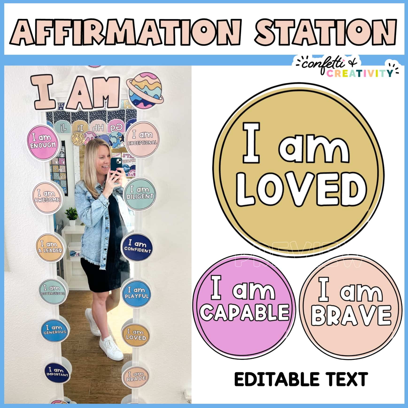 Shows Megan in an affirmation mirror with a close up of the affirmation station labels like "I am Loved"