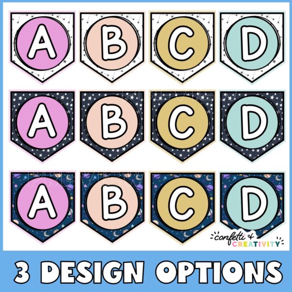 Space Alphabet Banner 4 Shows all three design options for the space alphabet banner. Shows letters A through D