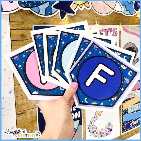 Space Alphabet Banner 3 Shows fanned out alphabet banners with space classroom theme.