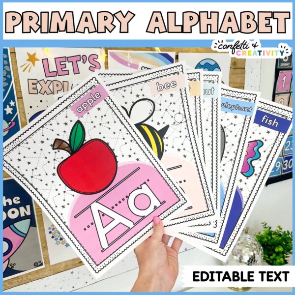 Shows a fanned out set of alphabet posters with pictures like apples